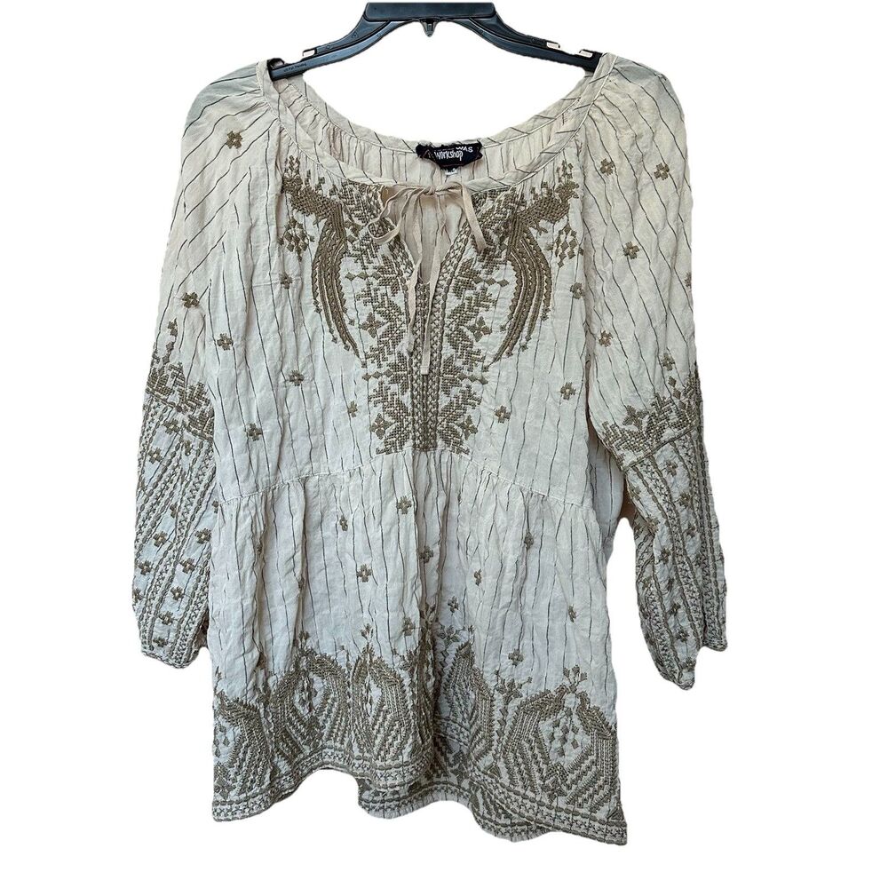 Johnny Was Tunic Top Womens XL Pullover Beige Embroidered Peasant Boho Cottage